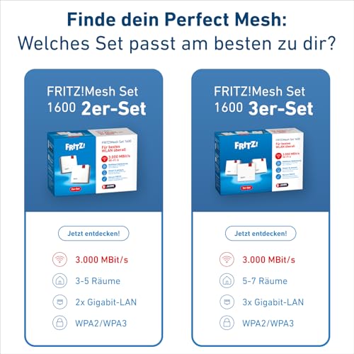 FRITZ!Mesh Set 1600 2er-Set | für 3-5 Räume | Wi-Fi 6 bis zu 3 GBit/s | Dualband WLAN (2,4/5 GHz), Perfekt für Streaming & Videocalls, ideal für Router & Glasfasermodem (ONT), Made in Europe