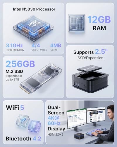 NiPoGi AK1PLUS Mini PC Ιntel N5030 (bis zu 3,1GHz) 12GB RAM+256GB SSD | WiFi5/BT4.2 Besser als N3350/N3450 2,5" SATA3.0 SSD Schacht W-11 Pro 4K@60Hz Dual Display HDMI 2.0*2 LAN für Büro/Bildung