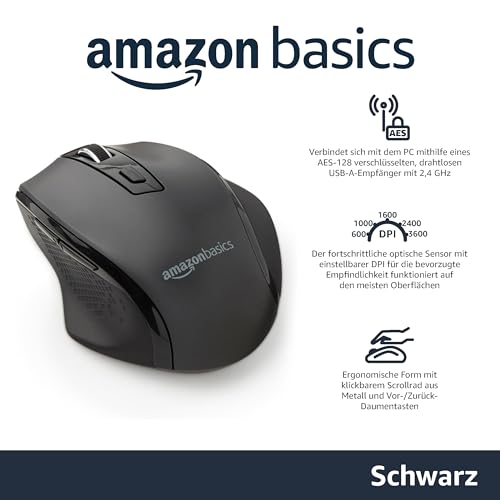 Amazon Basics Kabellose Maus mit Einstellbarem DPI – Ergonomisch – Schwarz