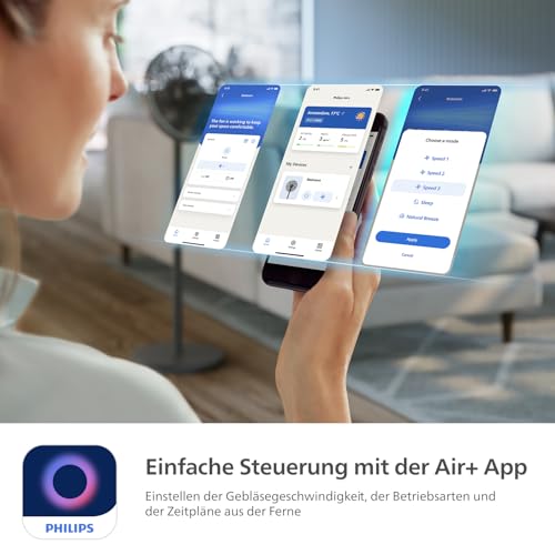 PHILIPS Standventilator Smart 3000 Serie, Schwarz, 2.562 m³/h Airflow | 125 cm, SilentWings-Techn. mit 19-46 dB(A), App, Timer, Neigung 30°, Oszillation 90°, gleichmäßige Luftumwälzung (CX3550/01)