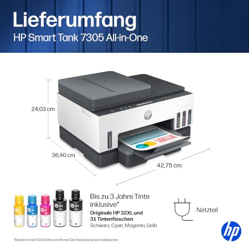 HP Smart Tank 7305 Multifunktionsdrucker (Drucker, Scanner, Kopierer, ADF, WLAN, LAN, AirPrint, Duplex, inklusive Tinte für bis zu 3 Jahre drucken)