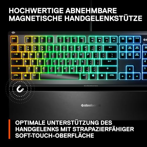 SteelSeries Apex 3 Gaming Tastatur - 10-Zonen RGB-Beleuchtung - Flüsterleise Gaming-Switches - Premium magnetische Handballenauflage - IP32 wassergeschützt - Deutsches (QWERTZ) Layout