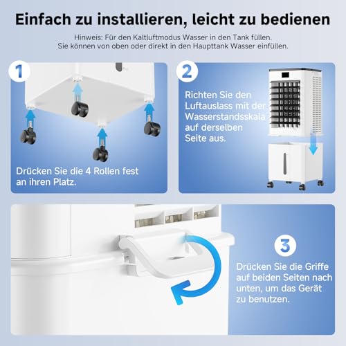 Klimaanlage Mobil 10L, 60W Klimagerät ohne Abluftschlauch 4-in-1, Klimaanlage mit 12H Timer, 4 Modus, 120°Oszillation, Abnehmbare Wassertank, Klimageräte Tragbarer Luftkühler für Wohnung Zimmer Räume