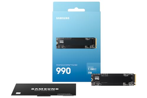 Samsung SSD 990, Interne M.2 NVMe SSD Festplatte, 1TB, PCIe 4.0 x4 | Datenspeicher, NVMe 2.0, Bis zu 7.150/6.450 MB/s Lese-/Schreibgeschwindigkeit, Für Arbeit, Gaming & Kreatives, MZ-V9V1T0BW