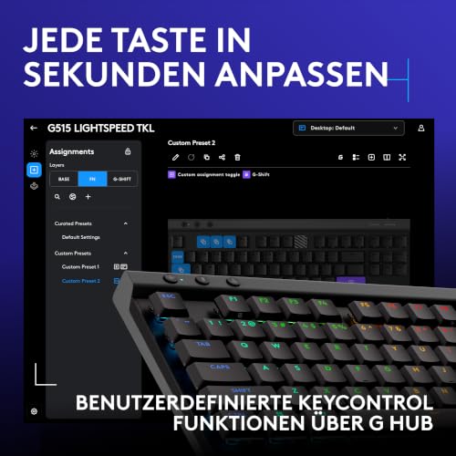 Logitech G G515 LIGHTSPEED TKL kabellose flache Gaming-Tastatur (Schwarz) | LIGHTSYNC RGB, dünnes Profil ohne Ziffernblock, PBT-Tastenkappen, taktile mechanische Switches, Deutsches QWERTZ-Layout