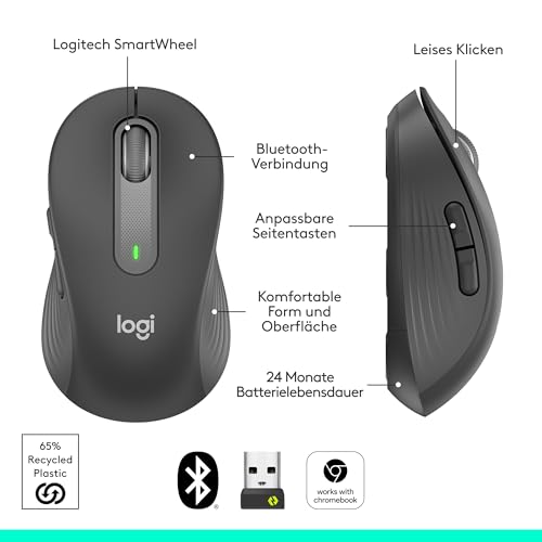 Logitech Signature M650 L Kabellose Maus - für große Hände | Leise Klicks, Anpassbare Seitentasten, Bluetooth, Kompatibilität mit mehreren Geräten - Graphit