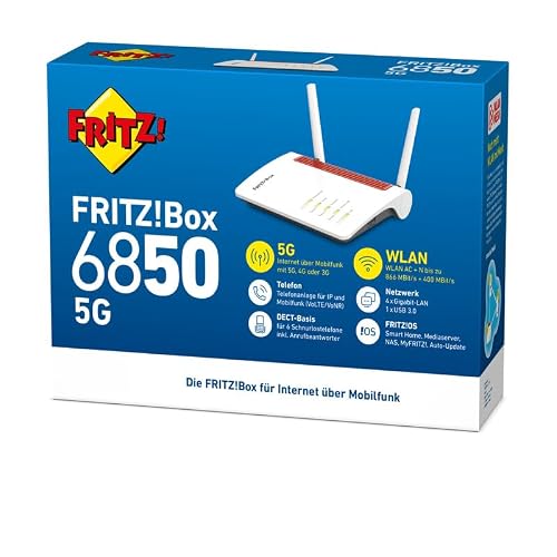 FRITZ!Box 6850 5G | 5G-Mobilfunk-Router | Wi-Fi 5 bis zu 1,2 GBit/s | Dualband WLAN (2,4/5 GHz), Internet per SIM-Karte, Zentrale für Telefonie & Smart Home, WLAN Mesh, Made in Europe