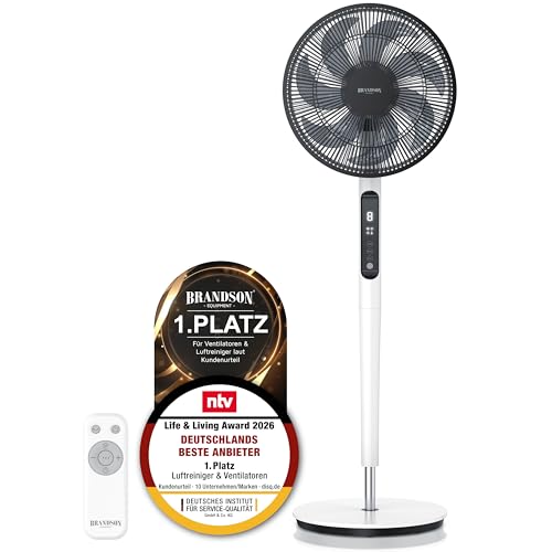 Brandson - DC Standventilator energiesparend ECO - Sieger Ventilatoren 2026 - Fernbedienung - Brushless Silent Motor - sehr leise – Oszilation 60° 90° 120° - 9 Stufen - Turbo Modus - weiß