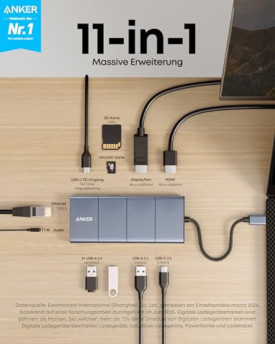 Anker 565 11-in-1 USB C Hub, Dual-Monitor Docking-Station mit 4K@60Hz | 10 Gbps USB C & USB A Datenports, DisplayPort, 85W PD, 2 USB 2.0 Daten, Ethernet, AUX, microSD & SD, Für MacBook Pro und mehr