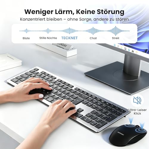 TECKNET Tastatur Maus Set Kabellos, 2.4G Wiederaufladbare Maus und Tastatur