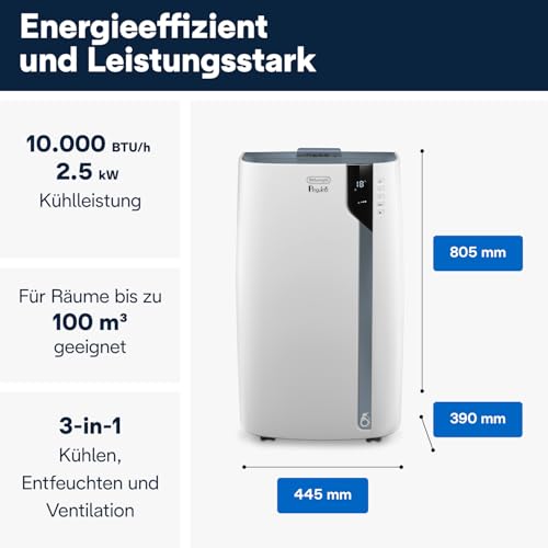 De'Longhi Pinguino - Mobiles Klimagerät, für Räume bis 30 m², mit Luftentfeuchter & Ventilator, 10000 BTU, Leiser Betrieb, Eco-Real-Feel, Fernbedienung, Timer, Energieeffizienzklasse A+++ (PACEX105)
