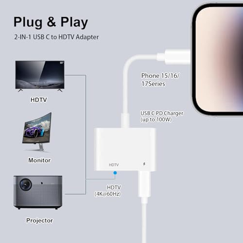 USB-C auf HDTV Adapter, kompatibel mit iPhone 15/16/17, MacBook Pro/Air & iPad Pro (2018–2024), unterstützt TV/Monitor/Projektor, 4K@60Hz, Plug & Play [Apple MFI Zertifiziert]