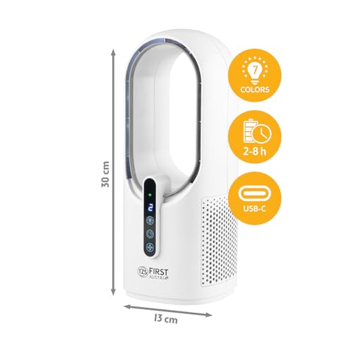 TZS First Austria - Akku Tischventilator - 5W - 3 Stufen & Timer - Leiser Turboloser Ventilator mit 7-Farben Nachtlicht & USB-C - Touch-Bedienung - Weiß