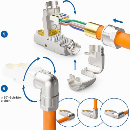 deleyCON CAT 6a Netzwerkstecker 90° Winkel RJ45 10 Gbit/s, 1 Stück | Werkzeuglos, geschirmt, für starre Verlegekabel, Rohkabel, Steckverbinder RJ45 Ethernet LAN DSL Patchkabel