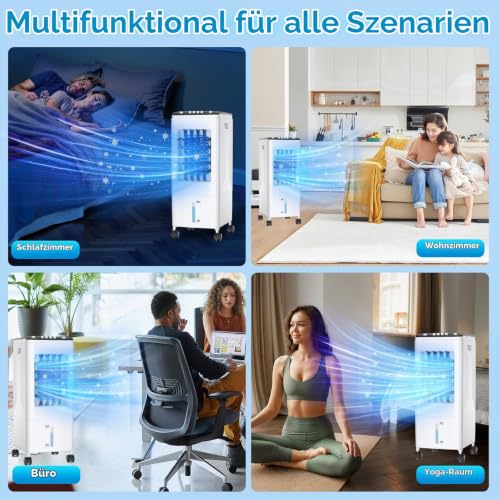 Mobile Klimaanlage ohne Abluftschlauch, 4-in-1 Luftkühler mit 6L Wassertank & 3 Kühlakkus, leiser Ventilator mit 35dB, energiesparendes Klimagerät für Zuhause, Büro, Schlafzimmer & Haustiere