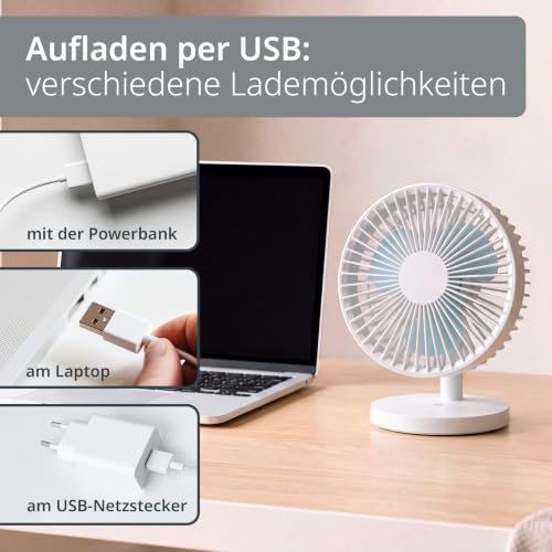 ADE Kleiner Ventilator sehr leise | USB Tischventilator 3 Stufen | Akku bis 7,5 h Laufzeit | 2.000 mAh | 90° Neigungswinkel | leicht und flexibel | weiß