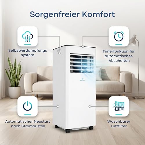Aironex Mobiles Klimagerät 7000 BTU – Klimaanlage Weiß – Klimagerät mit Fensterabdichtung – Leise Klimaanlage mit Fernbedienung – Mobiles Klimagerät für Schlafzimmer, Wohnzimmer und Büro