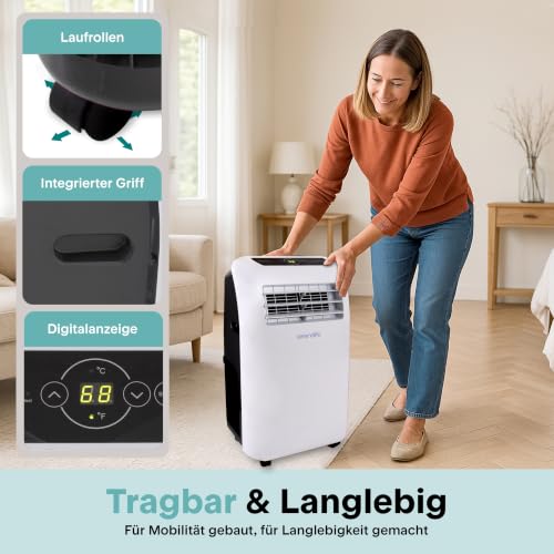 SereneLife Mobile Klimaanlage 3,5 kW 12000 BTU – Klimaanlage mit Heizfunktion | Für Zimmer bis 37 m² | Leise 42 dB Klimagerät mit Entfeuchter, Lüfter, Fernbedienung
