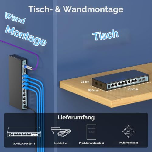 SODOLA 10 Port 2.5Gb Web Managed Switch, 8 x 2,5Gbit Base-T-Ports, 2 x 10G SFP+, Lüfterloser Multi-Gigabit Ethernet-Switch für Wireless AP, NAS, PC