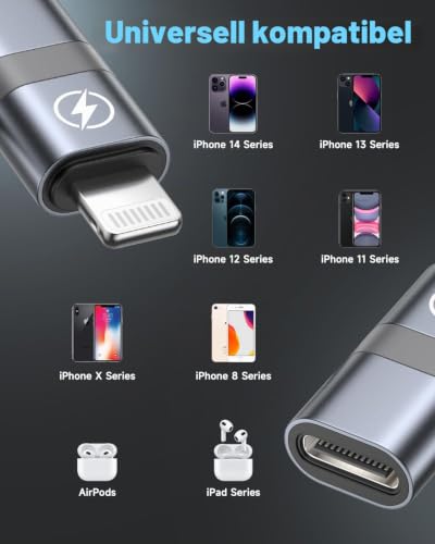 USB C auf Lightning Adapter 2Stück, Adapter USB C auf Lightning Schnelles Laden mit Anti Verlust Seil für iPhone 14/14 Pro Max/13/12 Mini/11/X/XS/XR/SE/8 Plus/iPad/iPod/AirPods, Nicht für Audio/OTG