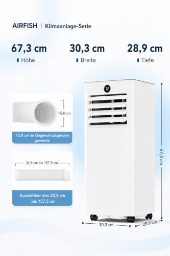 AIRFISH Mobile Klimaanlage 7000 BTU – Leise 4-in-1 Klimaanlage mit LED-Display, Fernbedienung & Rollen | Kühlen, Entfeuchten, Ventilator & Sleep-Modus | Fensterkit inklusive | Für Räume bis 20 m²