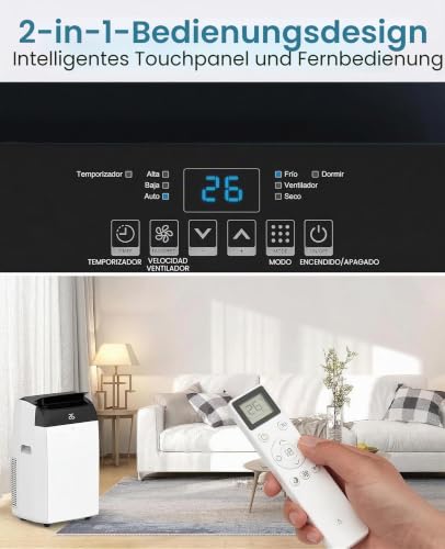 Mobile Klimaanlage 12000 BTU, 2,6 kW, 4 Modi, Kühlfunktion, Luftentfeuchter (45 l/Tag), Ventilator mit 3 Geschwindigkeiten, Nachtmodus, mit 24-Stunden-Timer, Panta