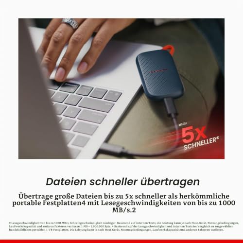 SanDisk Portable SSD 500 GB (USB Type-C, mit Laptops und Tablets kompatibel, bis zu 1.000 MB/s, Taschenformat, bis zu 2 Meter Fallschutz)