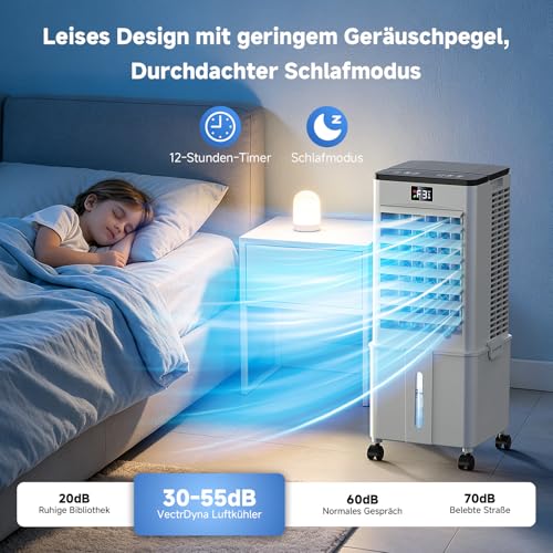 Klimagerät ohne Abluftschlauch 10L, 60W Klimaanlage Mobil, 12H Timer, klimaanlage ohne abluftschlauch 3 Modus, 120°Oszillation, Abnehmbare Wassertank, Tragbarer Luftkühler für Zuhause Büro Perlweiß