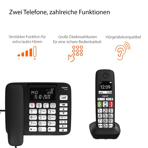 Gigaset DL780 Plus Kombi-Set schnurgebundenes Telefon & Mobilteil, extralaut Hören, hörgerätekompatibel, gemeinsames Telefonbuch, schwarz