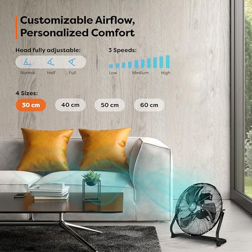 AERSON® Bodenventilator 30cm | Windmaschine mit 3-Leistungsstufen 55W | Standventilator Ventilator hoher Luftdurchsatz | Standlüfter Raumkühler aus Metall | Stufenloser Neigungswinkel bis 110 Grad