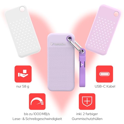 Verbatim Pocket SSD 1TB Externe SSD USB 3.2 Gen2 1000MB/s Weiß Lila | Externe Festplatte bis zu 1000 MB/s lesen & schreiben inklusive Schutzhüllen in Weiß und Lila für mobiles Arbeiten