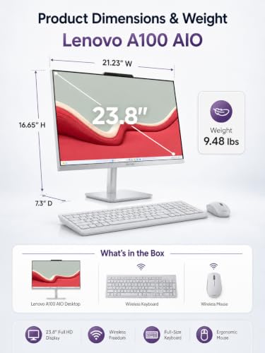 Lenovo All-in-One-Desktop, Intel ultraschnelle 4-Core CPU, 61 cm (24 Zoll) FHD-Display, 8 GB RAM, 256 GB PCIe SSD On Board plus 512 GB HDD extern | Wi-Fi 6| Bluetooth | RJ-45 | Windows 11 | HDMI |