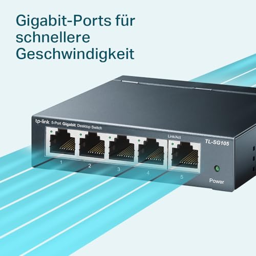 TP-Link TL-SG105 5-Ports Gigabit Netzwerk Switch (bis 2000 MBit/s im Vollduplexmodus, geschirmte RJ-45 s, Metallgehäuse, optimiert Datenverkehr, IGMP-Snooping, unmanaged, lüfterlos) blau metallic