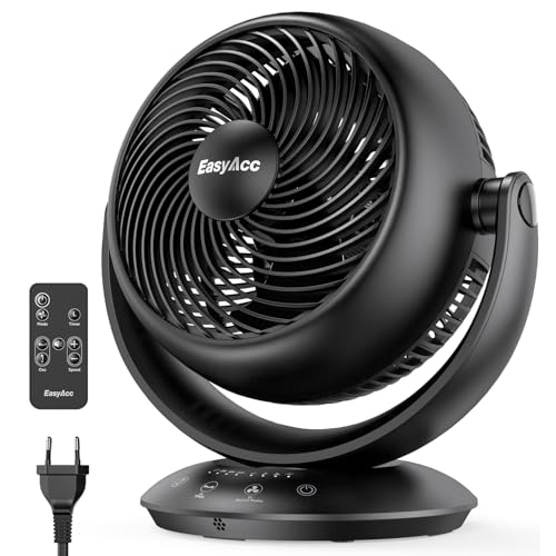 EasyAcc Ventilator Leise, 25dB Tischventilator sehr Leise, Umwälzventilator 90° Auto-Oszillation Horizontal und Vertikal 3D Turbo mit Fernbedienung, 3 Geschwindigkeiten, 2-12H Timer für Schlafzimmer