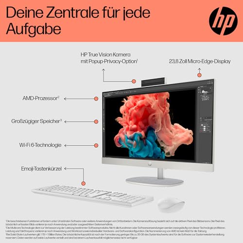 HP All-in-One-PC, 23,8" FHD-Touchscreen, AMD Ryzen 5 7520U, 16 GB DDR4 RAM, 512 GB SSD, AMD Radeon-Grafik, Windows 11 Home, QWERTZ, Weiß