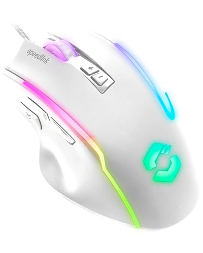 Speedlink DECUS NX - RGB Gaming Maus mit Kabel, bis 12800dpi, Programmierbar, Dauerfeuer Taste, USB kabelgebunden ummantelt, 1000Hz Pollingrate, weiß