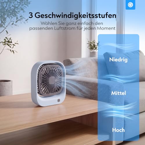 Silvergear® Tragbarer Tischventilator | USB-C Aufladung | 3 Geschwindigkeiten | 600 mAh Akku | Für Büro & unterwegs | Blau