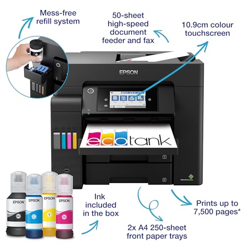 Epson EcoTank ET-5855 Ad inchiostro A4 4800 x 1200 DPI 25 ppm Wi-Fi (Epson EcoTank ET-5855 Colour A4 Multifuncion Printer. Up to 25ppmipm. Print/Copy/Scan. Duplex Print up to 7,500 pages in black and