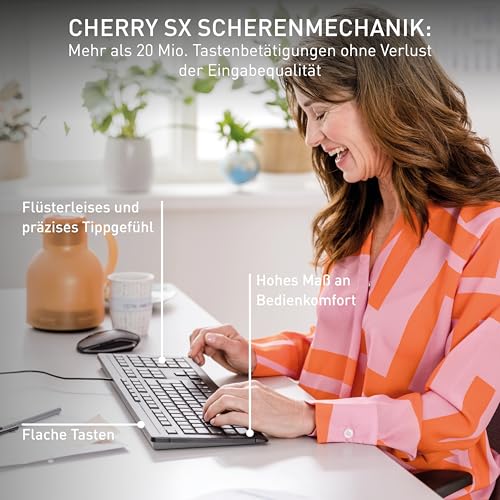 CHERRY Stream Keyboard, Kabelgebundene Tastatur, Deutsch QWERTZ, Weiß-Grau | Fullsize-Keyboard mit Nummernblock, für PC/Computer, Leiser Tastenanschlag, Flaches Design, USB-A Anschluss, 10 Zusatztasten