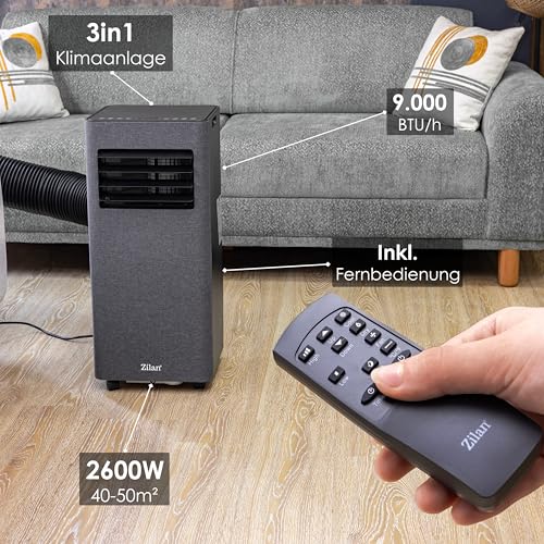 Zilan Mobile Klimaanlage 9000 BTU mit WLAN & Abluftschlauch, 3-in-1 Mobiles Klimagerät – Kühlen, Entfeuchten & Ventilator, leise, inkl. Fensterabdichtung & Fernbedienung, Timer, Wifi App-Steuerung
