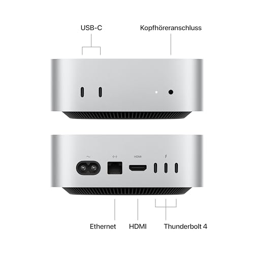 Apple Mac mini Desktop-Computer mit M4 Chip mit 10 Core CPU und 10 Core GPU: 16 GB gemeinsamer Arbeitsspeicher, 256 GB SSD Speicher, Gigabit Ethernet. Funktioniert mit iPhone/iPad