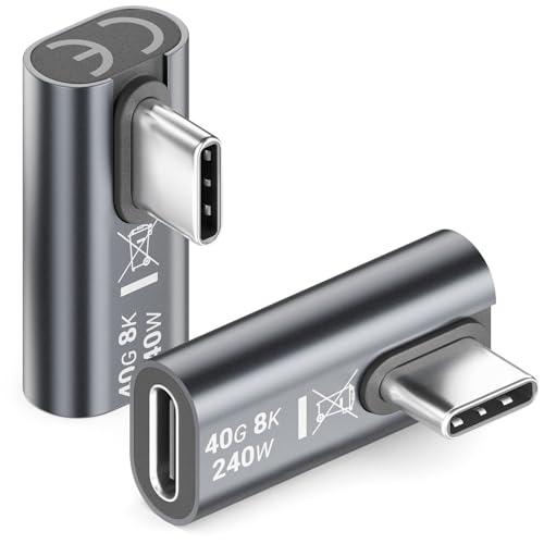 deleyCON USB-C Winkeladapter 90 Grad, 40Gbps, 240W, USB 4.0, Typ C, 2 Stück | 8K60Hz, Aluminium Gehäuse, Typ C Stecker auf Buchse, für Smartphone, Tablet, Laptop, Notebook, MacBook, PS5 usw.