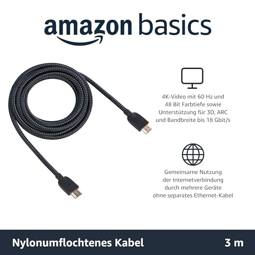Amazon Basics Geflochtenes HDMI-Kabel 3m, Schwarz