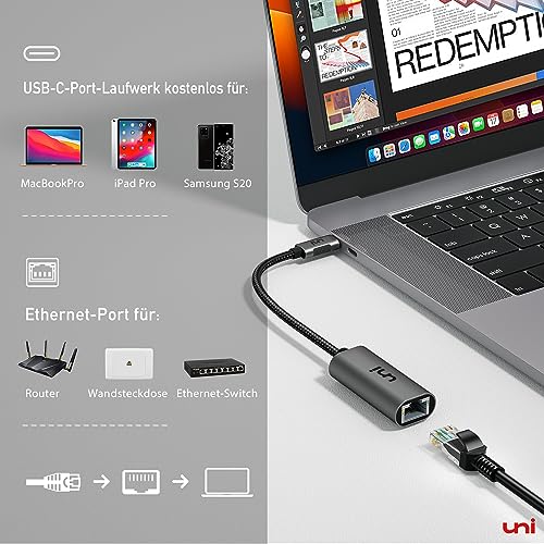 uni USB C auf Ethernet Adapter 1000Mbps, Thunderbolt USB C auf RJ45 LAN Netzwerkadapter, Kompatibel mit iPhone 16, iPad Pro/Air, MacBook Pro/MacBook Air, Galaxy S23, Surface Book, Dell XPS usw.
