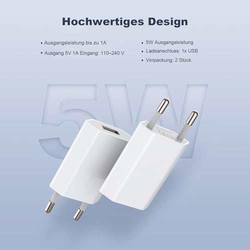 USB-Stecker, (2 Pack) USB-Netzstecker, für iPhone 11, 8, 7, 6, 6S, XR, XS, X, SE, Android, Samsung, Xiaomi, Huawei, Motorola, Sony, LG Smartphones, Kameras, MP3 usw, Universal 5V 1A Power Adapter