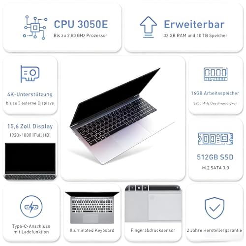 Auusda Notebook 15,6 Zoll, 16GB RAM, 512GB SSD, Fingerabdrucksensor, beleuchtete Tastatur, Ziffernblock, leicht für Schule & Büro