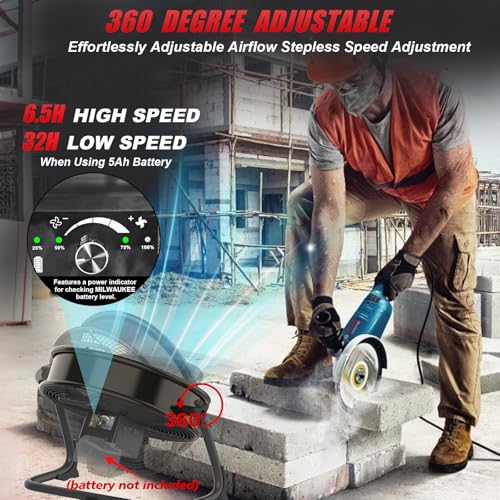 ILIKEPOW Akku Bodenventilator kompatibel mit Milwaukee 18V Akku, 12 Zoll Kabelloser Ventilator Leise, Netzteil, 2 USB Ladeanschluss, Stufenlos Regelbar für Baustelle, Werkstatt, Camping (ohne Akku)