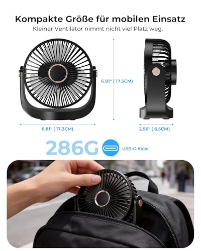 AICPAN Ventilator Leise - Tischventilator mit Nachtlicht，3000mAh USB Wiederaufladbarer Kleiner Ventilator, 5 Geschwindigkeiten, 360° verstellbare Neigung für Büro Schlafzimmer Zuhause, Schwarz