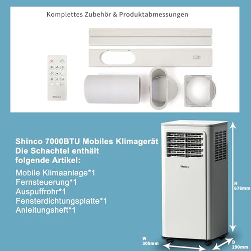 SHINCO 7000 BTU Mobiles Klimagerät(2,05kW), Kühlen&Ventilieren&Entfeuchten, Raumgröße bis 54m³(18㎡), Mobile Klimaanlage mit Abluftschlauch und Ablaufschlauch, Schlafmodus