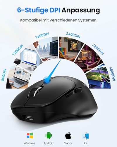 TECKNET Bluetooth Maus Wiederaufladbar, Tri-Modi (2BT+USB) Maus Kabellos | Ergo Daumenauflage, 4800 DPI/6 Tasten, Leise Computer Funkmaus für Laptop, PC, Mac OS, Android, Windows